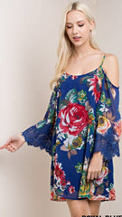 Royal Blue Floral Cold Shoulder Dress - Midnight Magnolia Boutique