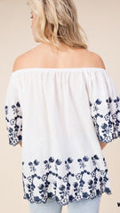 White with Navy Embroidered Border Off Shoulder Top - Midnight Magnolia Boutique