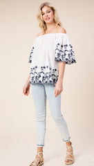 White with Navy Embroidered Border Off Shoulder Top - Midnight Magnolia Boutique