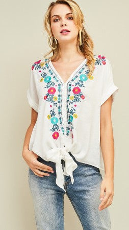 White Floral Embroidered Tie Top - Midnight Magnolia Boutique