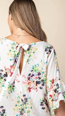 White Floral V Neck Top w/Back Tie - Midnight Magnolia Boutique