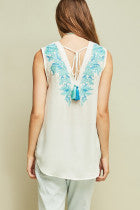 Ivory Embroidered Sleeveless Top with Tassels - Midnight Magnolia Boutique