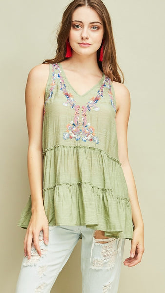 Sage Sleeveless Embroidered Top - Midnight Magnolia Boutique