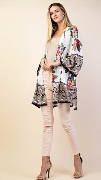 White Kimono with Black Floral Border - Midnight Magnolia Boutique
