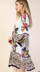 White Kimono with Black Floral Border - Midnight Magnolia Boutique